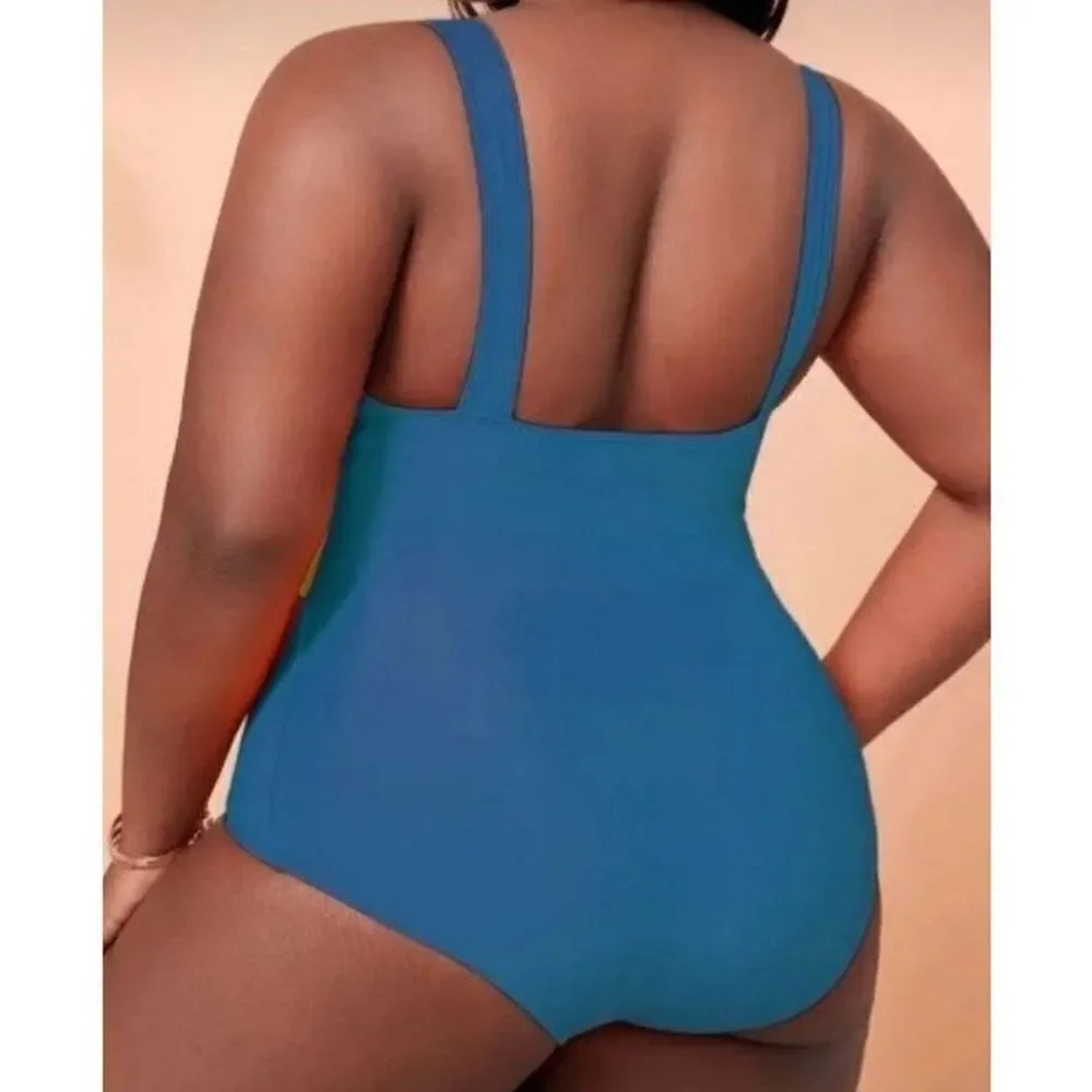 Plus Size Colorblock V Neck One Piece Swimsuit sz 0X